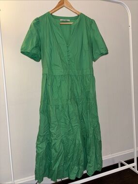LOFT Green Tiered Midi Dress with Button Front